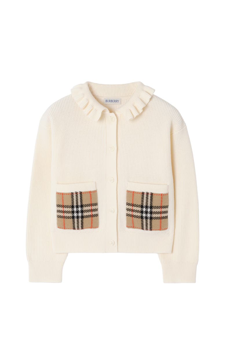 Burberry Girls' Check Pocket Cotton Wool Cardigan, Main, color, Ivory White