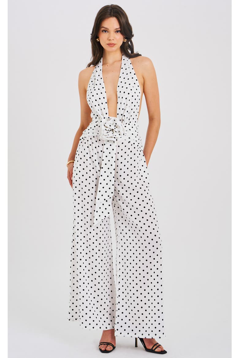 Oriana Halter Backless Polka Dot Jumpsuit, Main, color, White