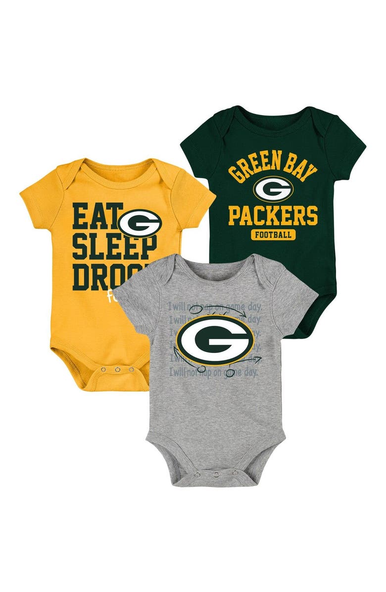 Outerstuff Newborn & Infant Green/Gold Green Bay Packers Eat Sleep Drool Football Three-Piece Bodysuit Set, Main, color, Green