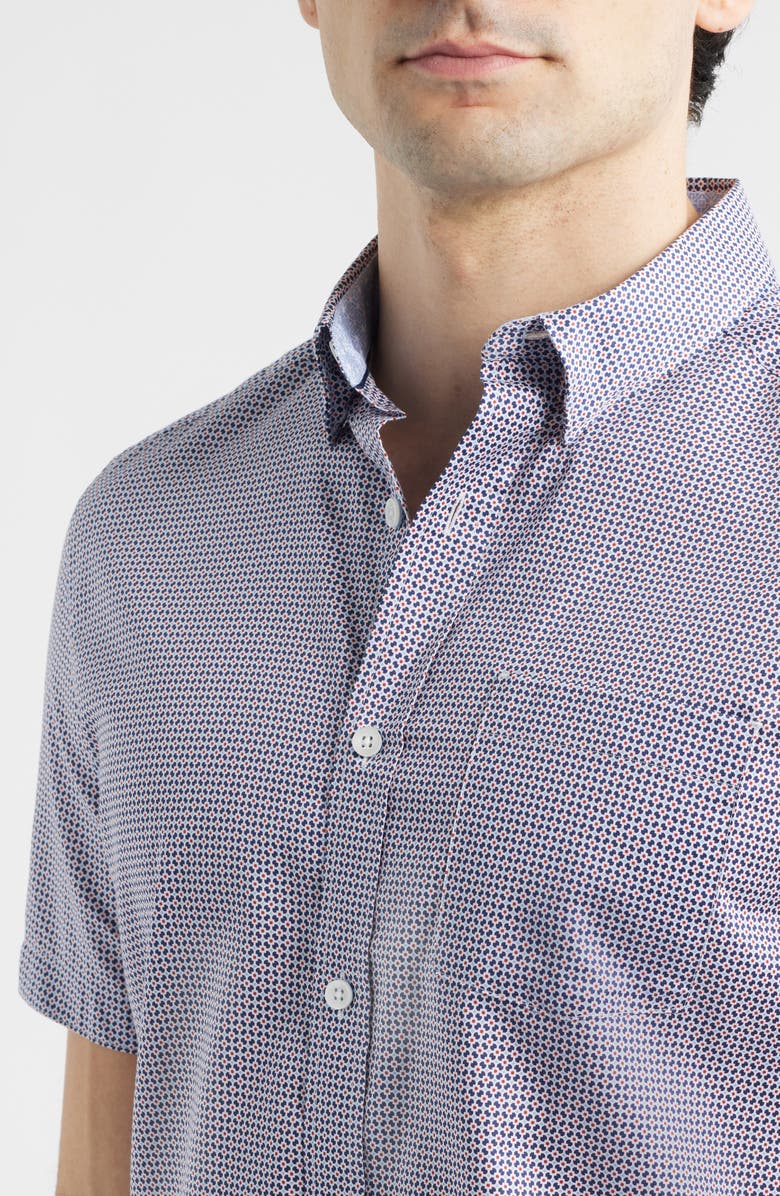 Johnston & Murphy Logan Microprint Short Sleeve Cotton Blend Button-Up Shirt, Alternate, color, Navy / Red Mini Floral
