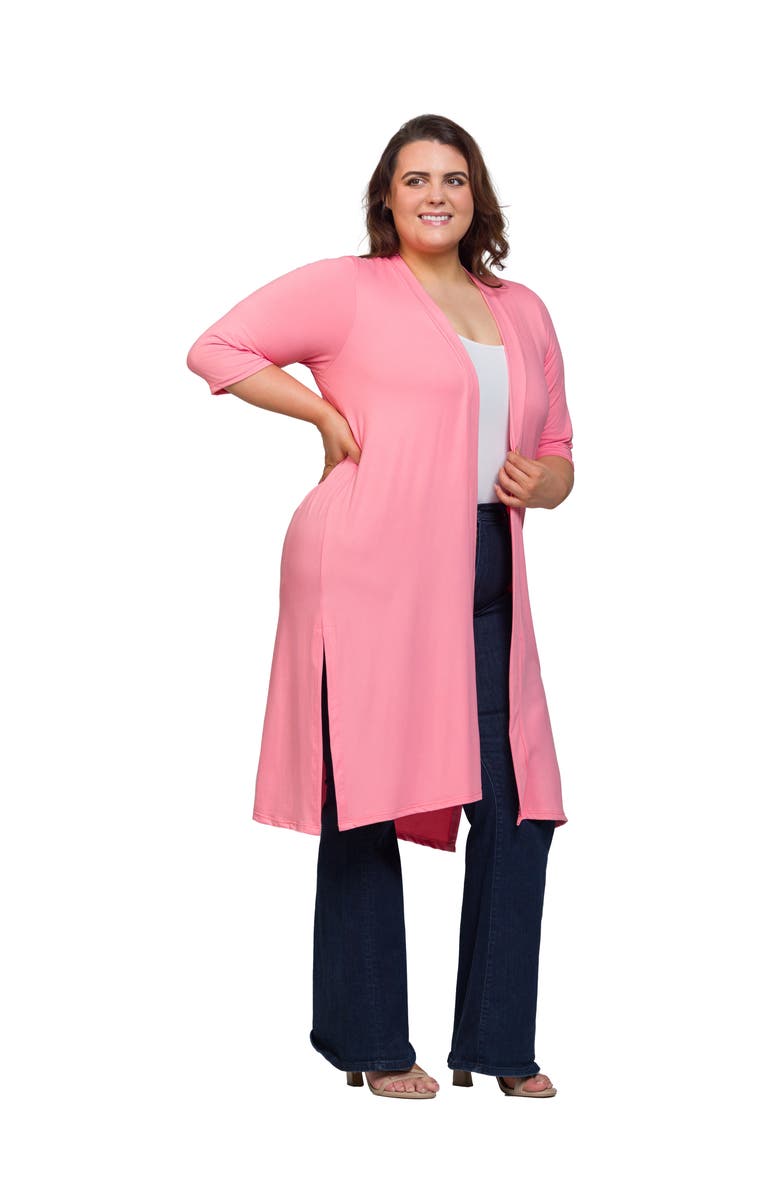 24seven Comfort Apparel Open Front Knee Length Duster Cardigan, Alternate, color, Coral