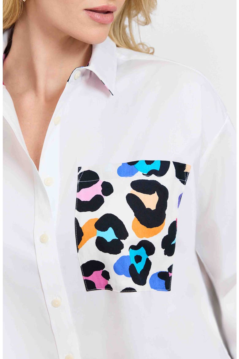 Marina Contrast Leopard Trim Cotton Blend Button-Up Shirt, Alternate, color, WHITE/ LEOPARD MULTI