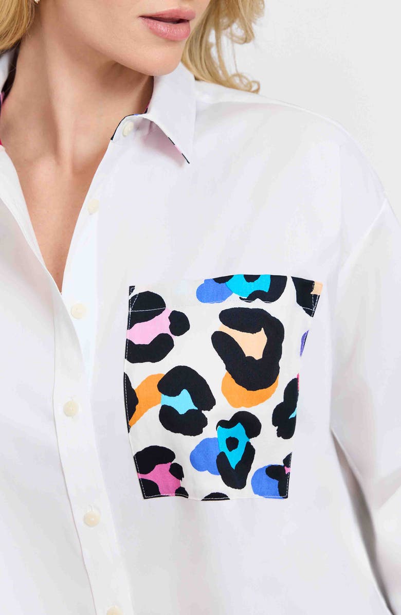 Foxcroft Marina Contrast Leopard Trim Cotton Blend Button-Up Shirt, Alternate, color, White/ Leopard Multi