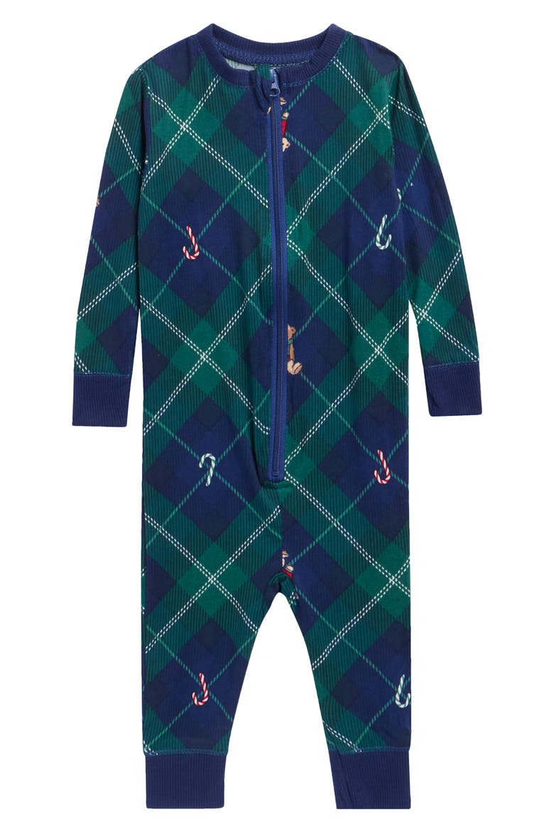 Fitted Sleep Onesie, Main, color, NAVY BIAS BEAR PLAID