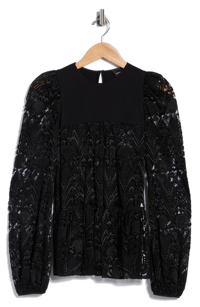 Longchamp Lace Long Sleeve Top, Alternate, color, Black