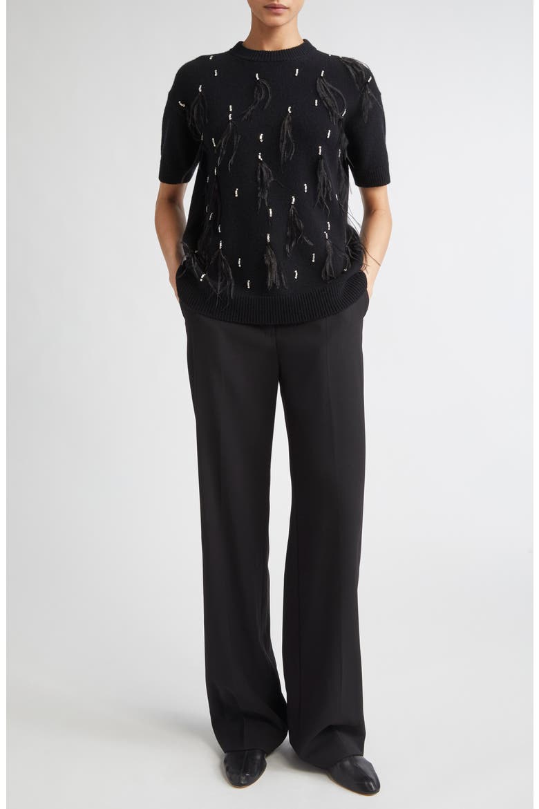 Oblo Crystal & Feather Embellished Short Sleeve Sweater, Alternate, color, BLACK
