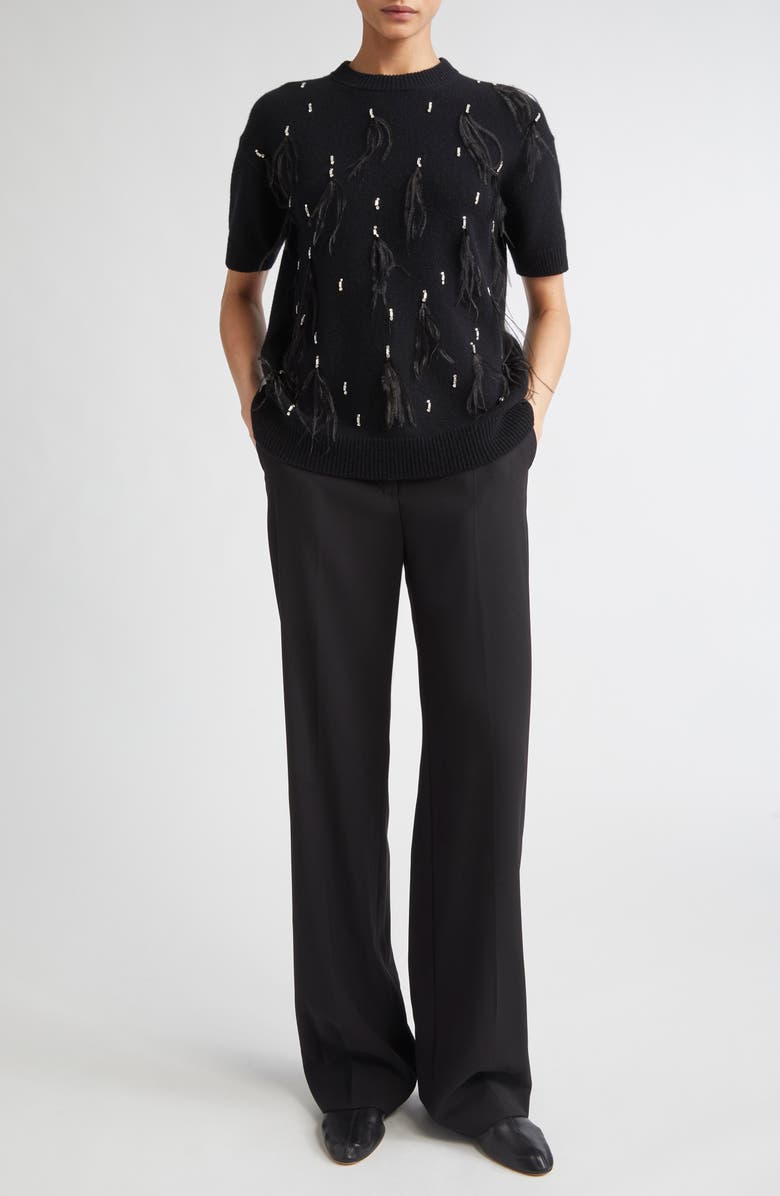 Max Mara Studio Oblo Crystal & Feather Embellished Short Sleeve Sweater, Alternate, color, Black