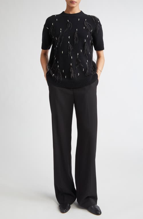 Max Mara Studio Oblo Crystal & Feather Embellished Short Sleeve Sweater In Black