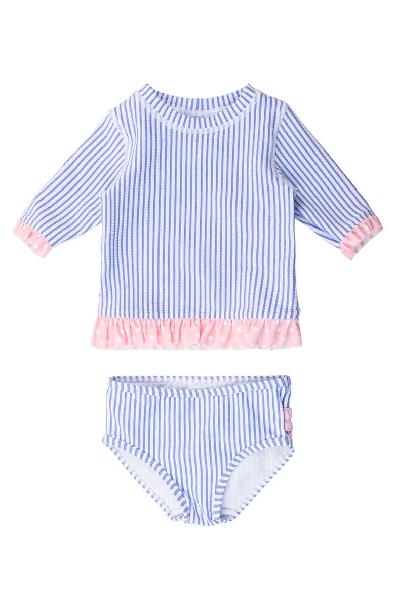 RuffleButts Baby/Toddler Girls UPF50+ Seersucker Short Sleeve Ruffle Rash Guard Bikini, Main, color, Periwinkle Blue Seersucker