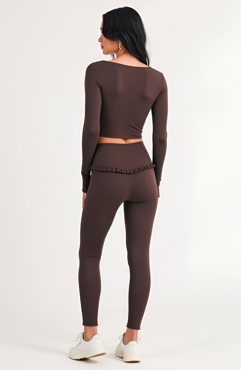 Modenaire Long Sleeve Crop Top with Ruffle Trim Square Neck and Stretch Fit, Alternate, color, 