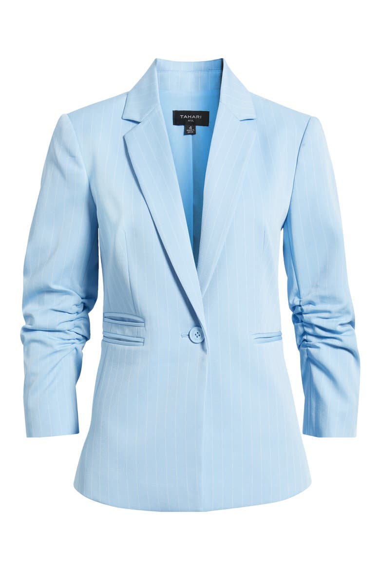 Pinstripe Ruched Sleeve Blazer, Alternate, color, ICE BLUE