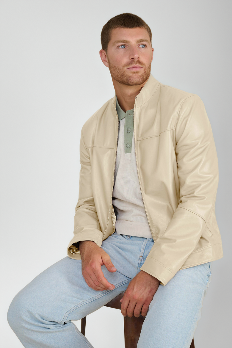 Otis Racer Leather Jacket, Alternate, color, Beige
