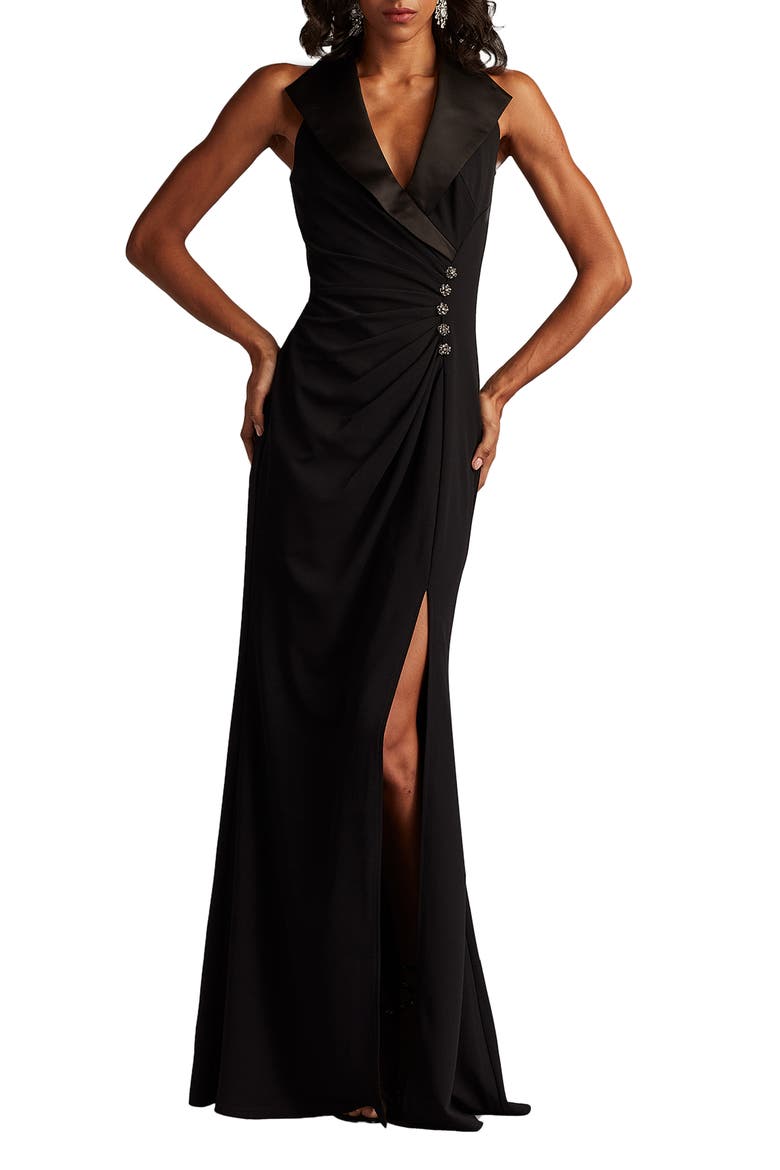 Sleeveless Crepe Tuxedo Gown, Main, color, BLACK
