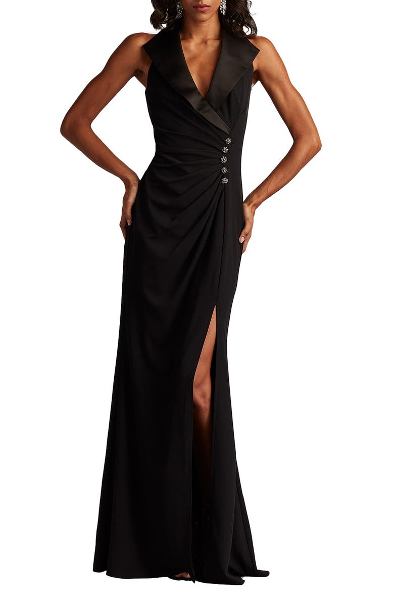 Tadashi Shoji Sleeveless Crepe Tuxedo Gown, Main, color, Black