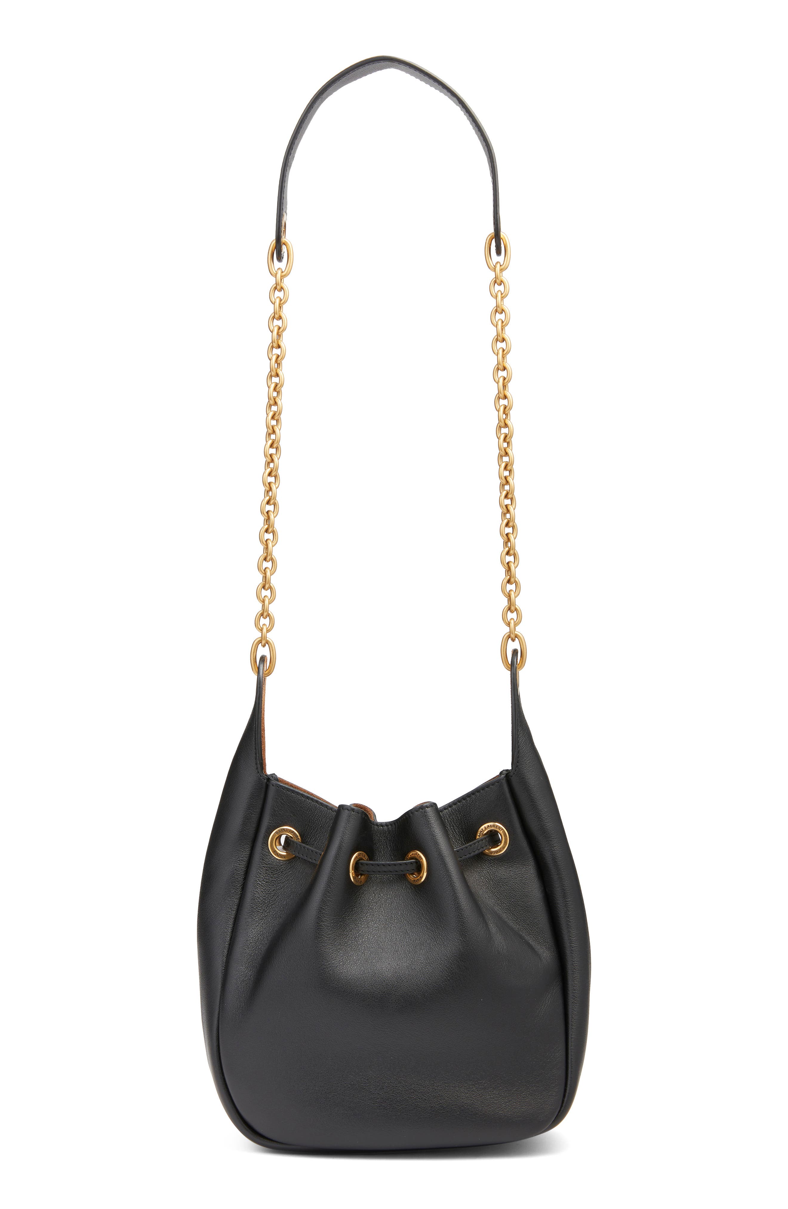 Saint Laurent Paris VII Leather Bucket Bag, Alternate, color, Noir/ Caramel Cognac
