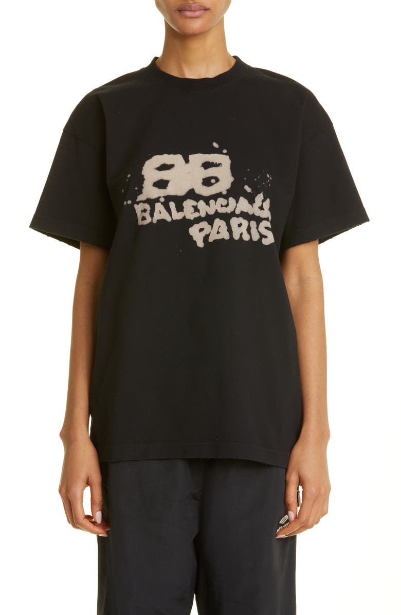 Balenciaga Women's Dirty BB Logo Distressed Cotton Graphic Tee, Main, color, 
