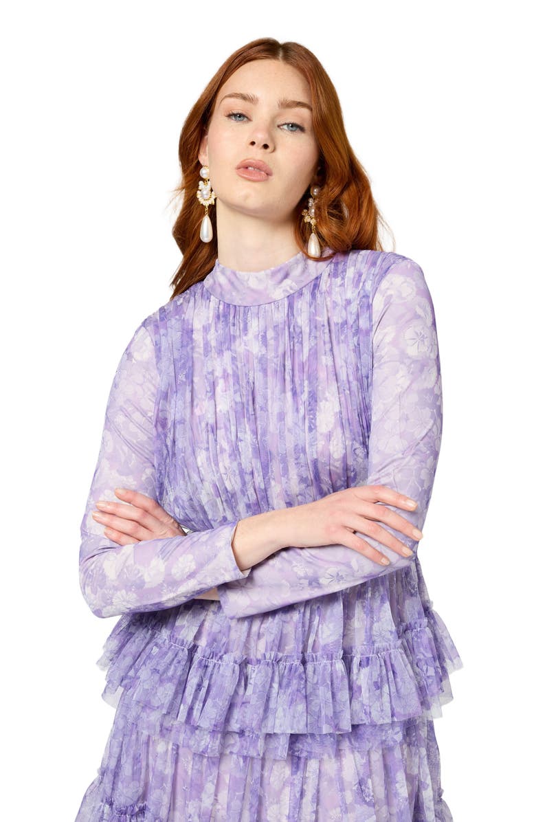 MARYISA Occasion Modest Ruffle Floral Print Long Sleeves Evening Dress, Alternate, color, Multicolor