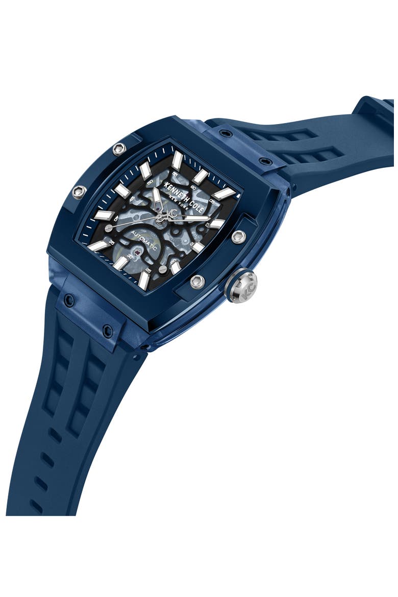 Skeleton Tonneau Automatic Silicone Strap Watch, 44mm x 56.2mm, Alternate, color, NAVY