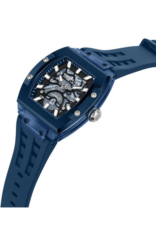 Kenneth Cole New York Skeleton Tonneau Automatic Silicone Strap Watch, 44mm X 56.2mm In Blue