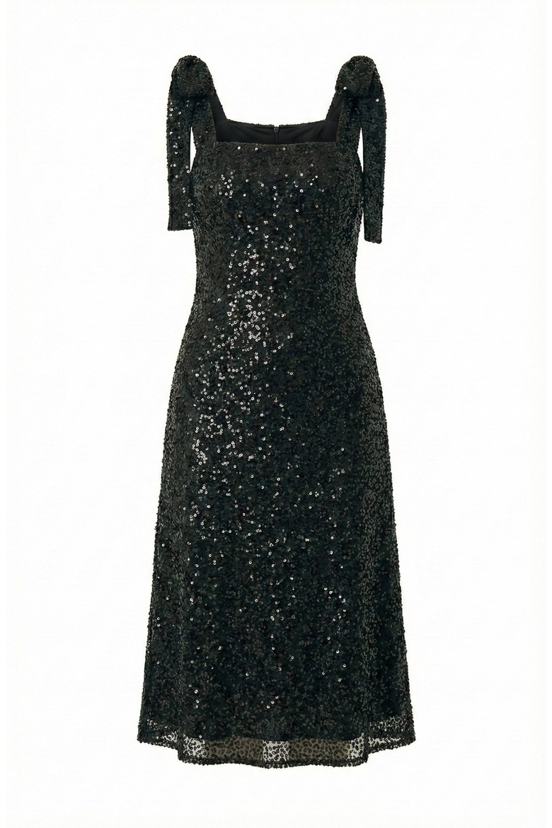 Sequin Midi Dress with Tie Straps and Square Neckline, Alternate, color, Black Sequin