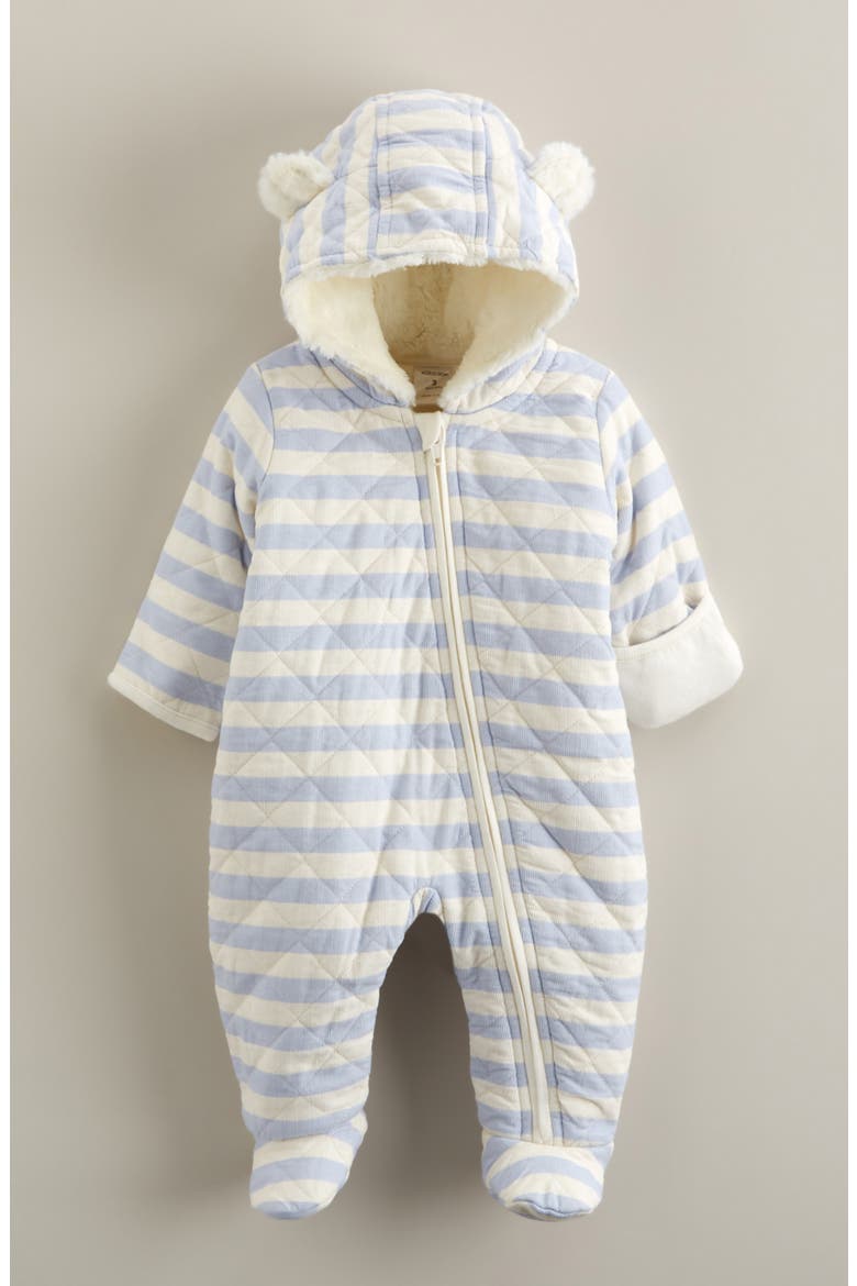 Ear Appliqué Quilted Faux Fur Lined Hooded Bunting, Main, color, BLUE FEATHER STRIPE