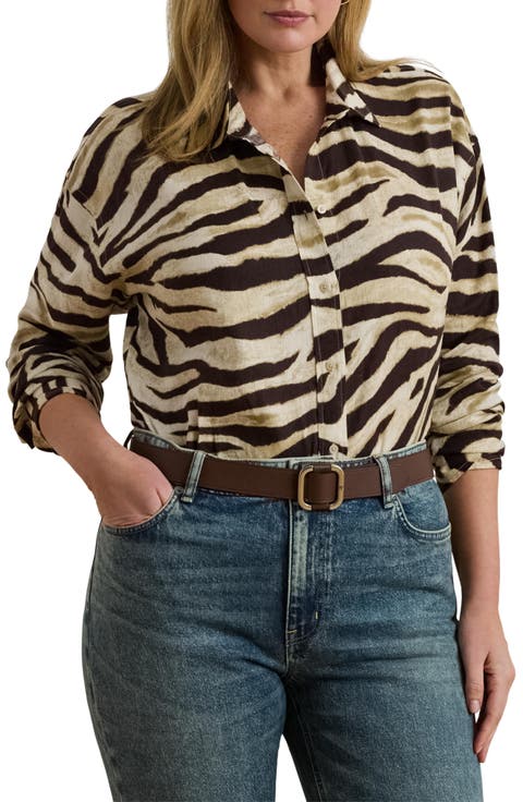Zebra Stripe Relaxed Fit Linen Button-Up Shirt (Plus)