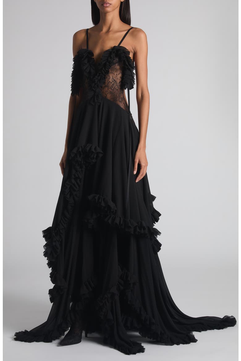 Tiered Ruffle Silk Georgette Gown, Alternate, color, BLACK