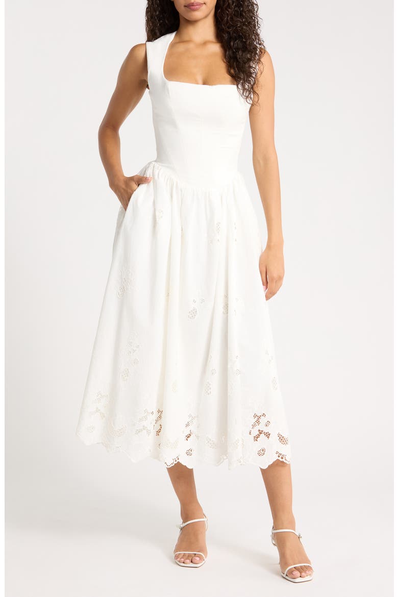 Safira Broderie Anglaise Detail Stretch Cotton Cocktail Dress, Main, color, WHITE