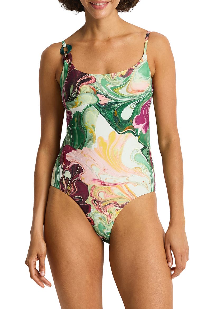 Scoop Neck One-Piece Swimsuit, Main, color, MOSS