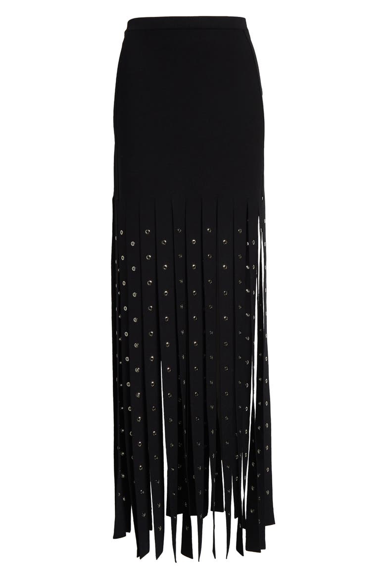 Effe Studded Fringe Hem Compact Knit Skirt, Alternate, color, BLACK