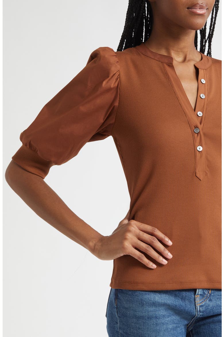 Coralee Puff Sleeve Mixed Media Henley Top, Alternate, color, MAHOGANY
