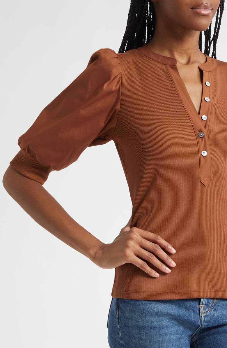 Veronica Beard Coralee Puff Sleeve Mixed Media Henley Top, Alternate, color, Mahogany