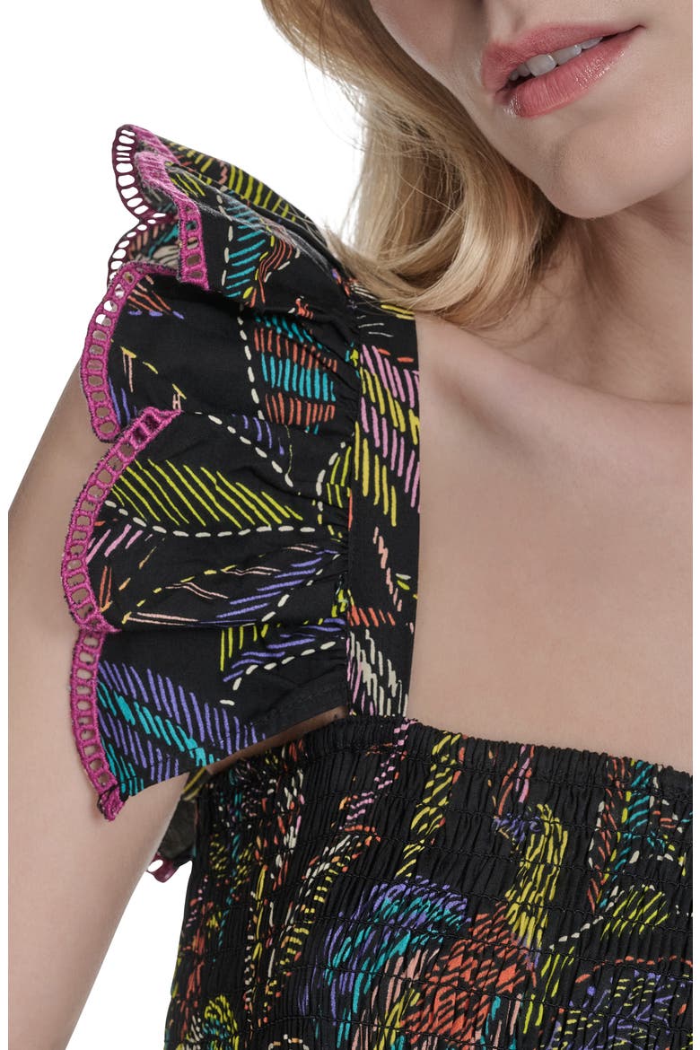 Floral Ruffle Sleeve Cotton Midi SSundress, Alternate, color, BLACK MULTI