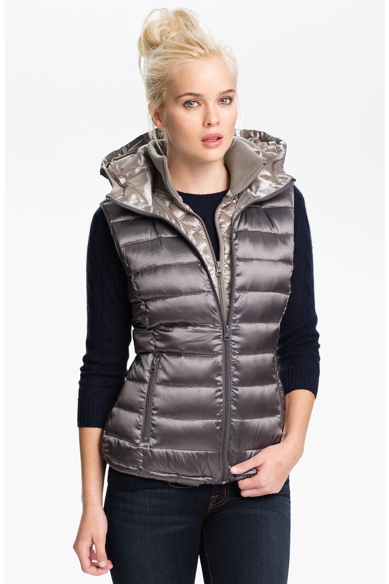 Hooded Iridescent Down Vest, Main, color, GUNMETAL/ ROSY STEEL