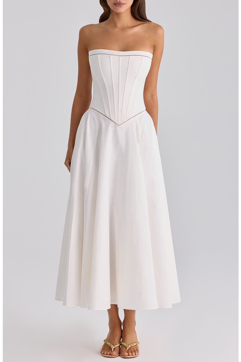 Gina Strapless Corset Stretch Cotton Dress, Alternate, color, WHITE