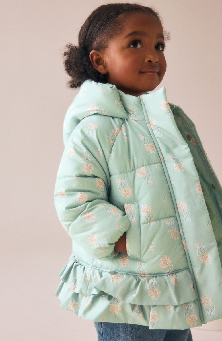 NEXT Kids' Floral Print Ruffle Hem Puffer Jacket, Alternate, color, Green