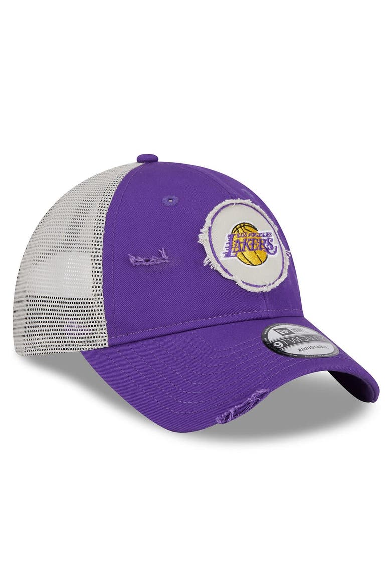 Men's New Era Purple Los Angeles Lakers  Rally Drive Distressed Patch 9TWENTY Trucker Adjustable Hat, Alternate, color, Purple