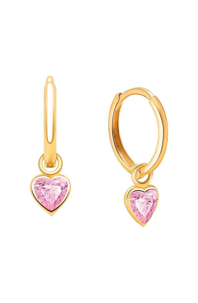 Tiny Blessings 14K Gold Pink Heart Drop Classic 11mm Huggie Hoop Earrings, Main, color, 14K Yellow Gold