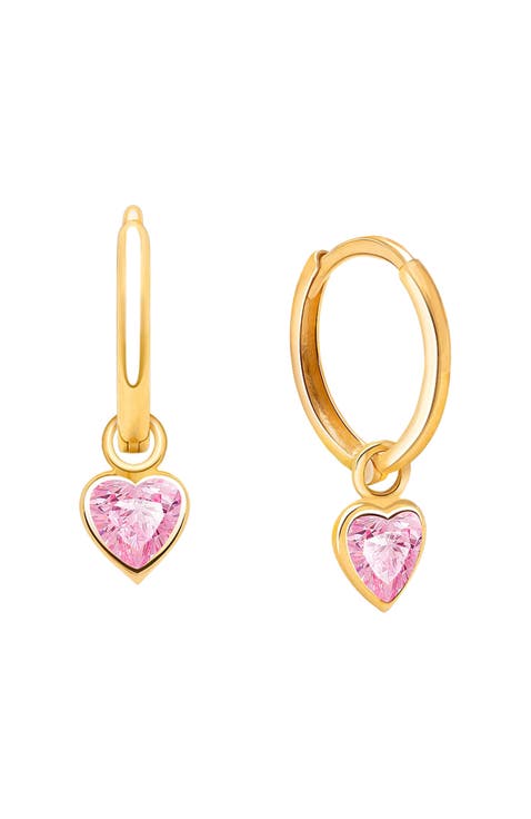 14K Gold Pink Heart Drop Classic 11mm Huggie Hoop Earrings