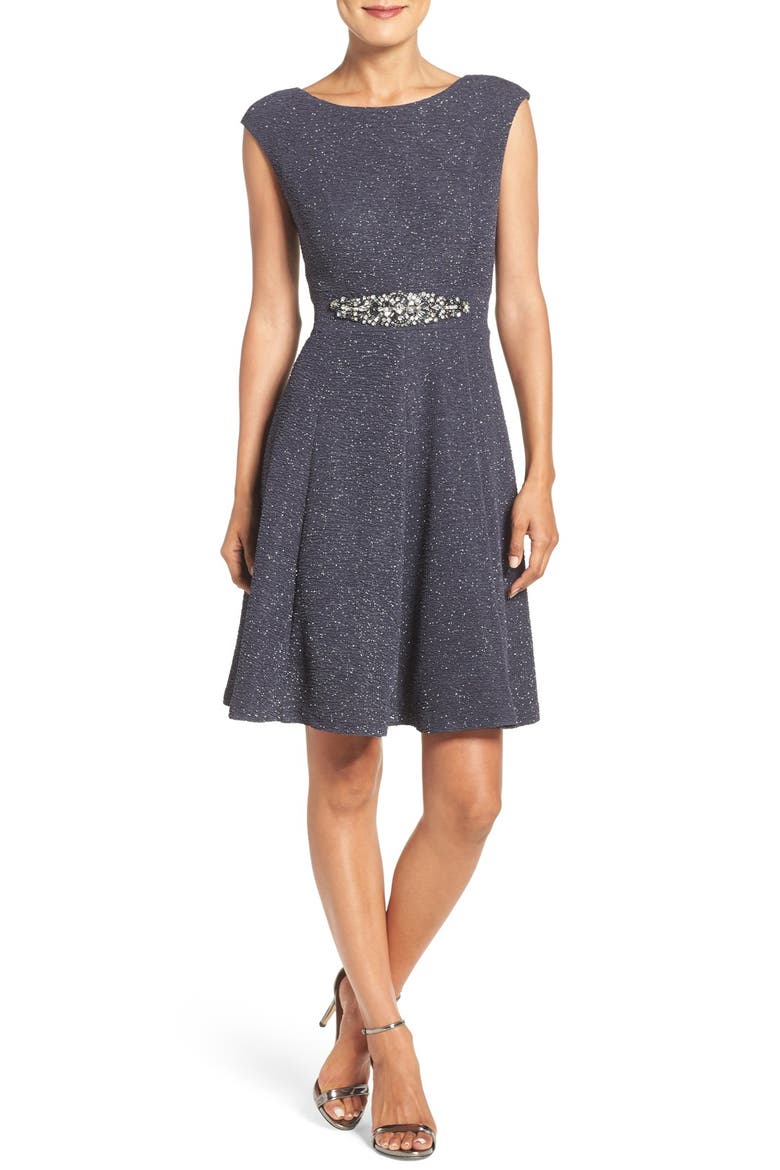 Embellished Glitter Knit Fit & Flare Dress, Main, color, STEEL