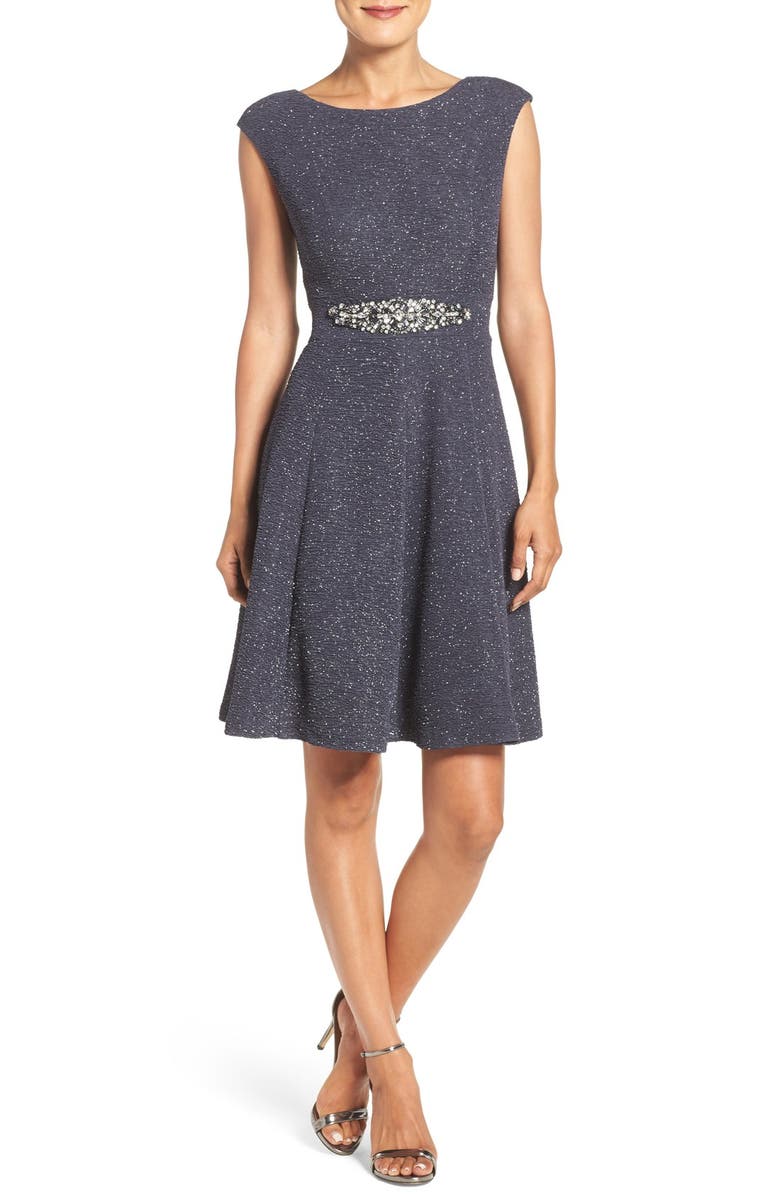 Eliza J Embellished Glitter Knit Fit & Flare Dress, Main, color, 