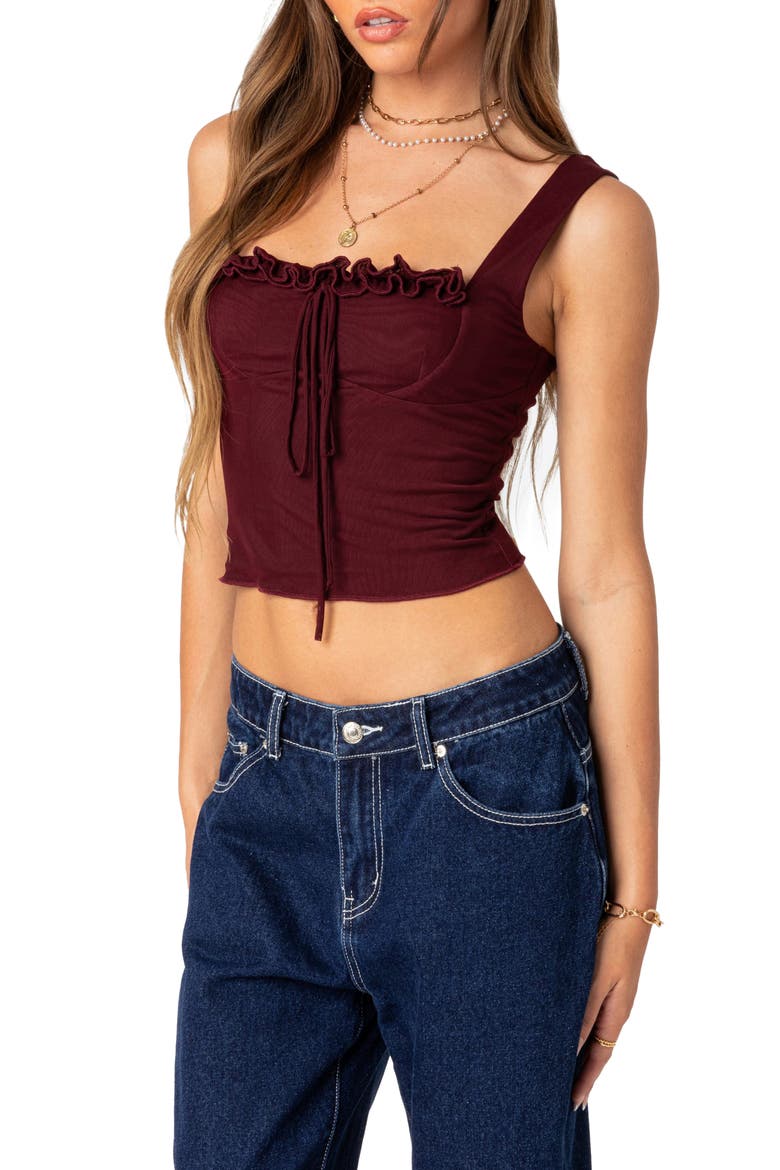 Aurelia Ruffle Trim Crop Corset Top, Alternate, color, BURGUNDY