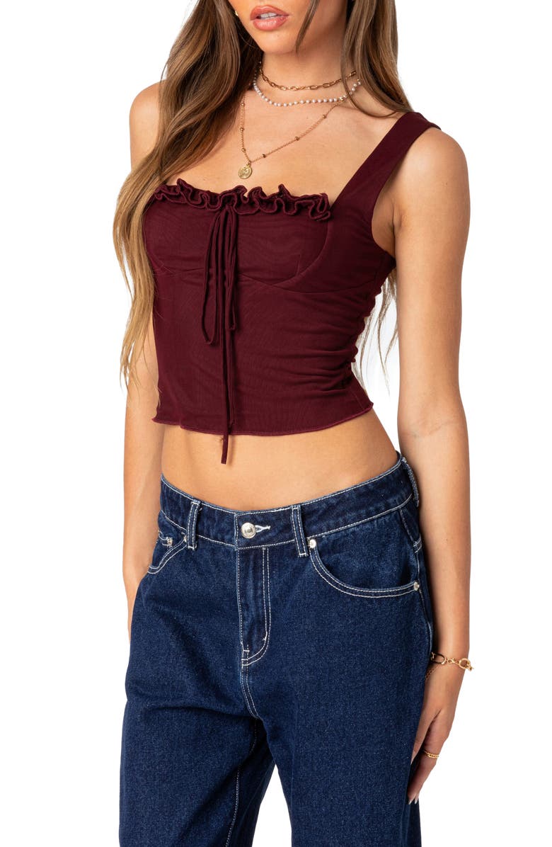 EDIKTED Aurelia Ruffle Trim Crop Corset Top, Alternate, color, Burgundy