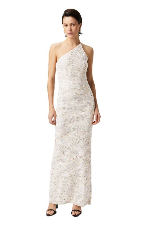 Long One-shoulder Dress In Slub Knit With Sequins