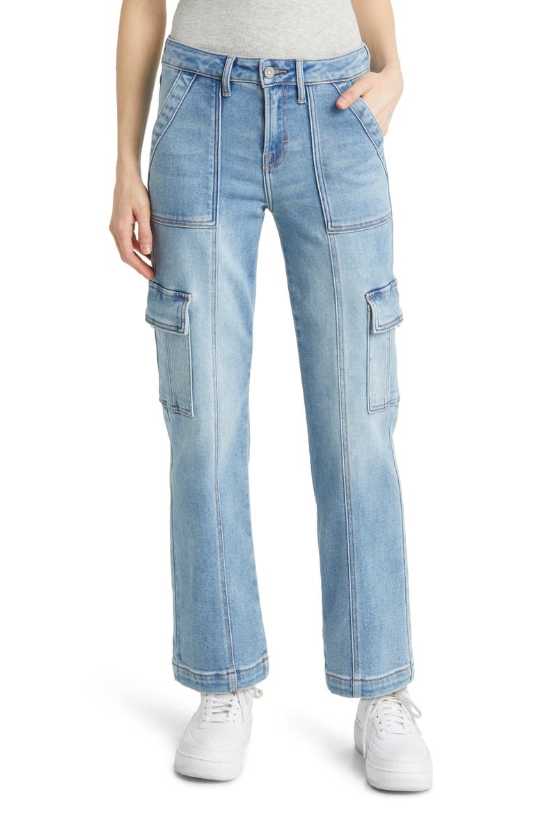 Crop Straight Leg Cargo Jeans, Main, color, MED WASH