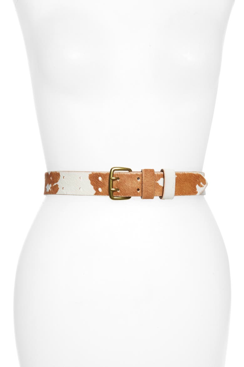 Cow Print Genuine Calf Hair Belt, Main, color, DRIED BARLEY
