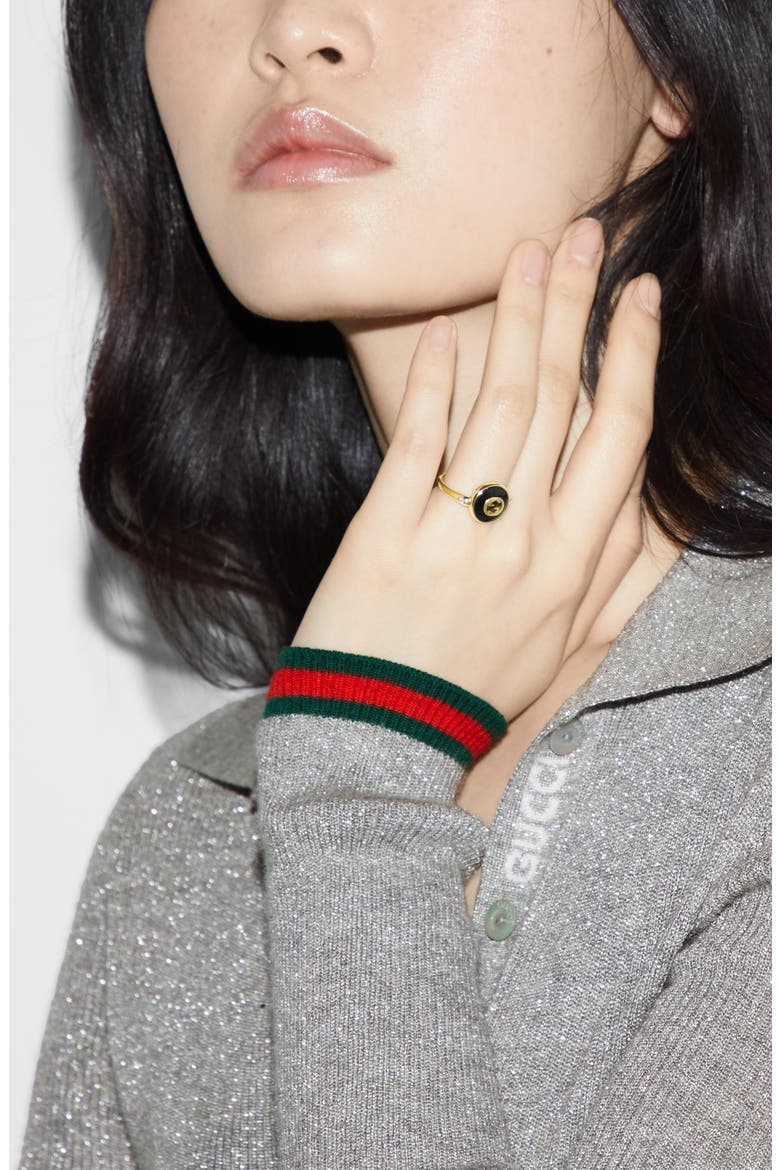 Interlocking-G Black Onyx & Diamond Ring, Alternate, color, YELLOW GOLD