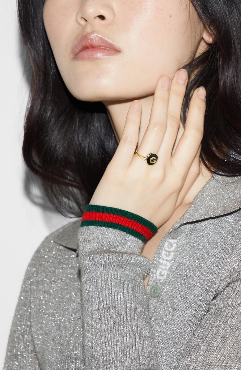 Gucci Interlocking-G Black Onyx & Diamond Ring, Alternate, color, Yellow Gold