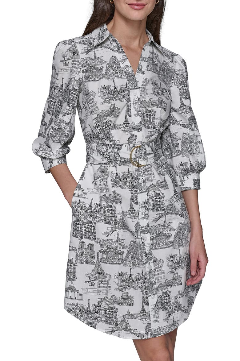 Landmark Print Cotton Shirtdress, Main, color, SOFT WHITE BLACK