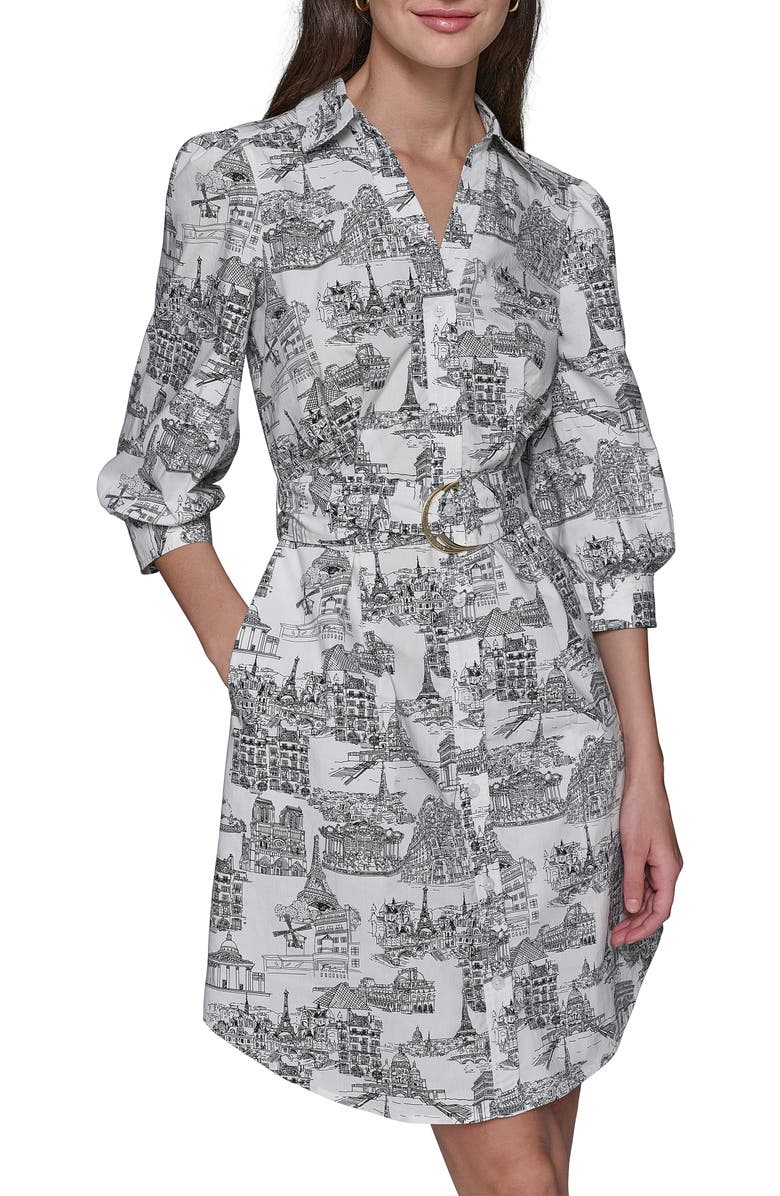 KARL LAGERFELD Landmark Print Cotton Shirtdress, Main, color, Soft White Black